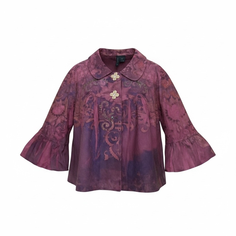 New Directions Purple Pink Tie Dye Ruffle Sleeve Top Rhinestone Accent XL 60214